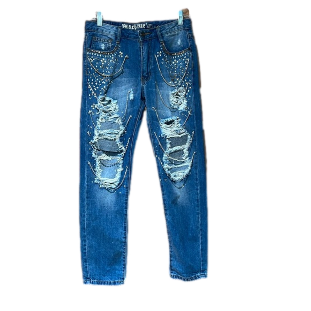 Nouvelle Mode Distressed Jeweled Blue Denim Jeans Size 27